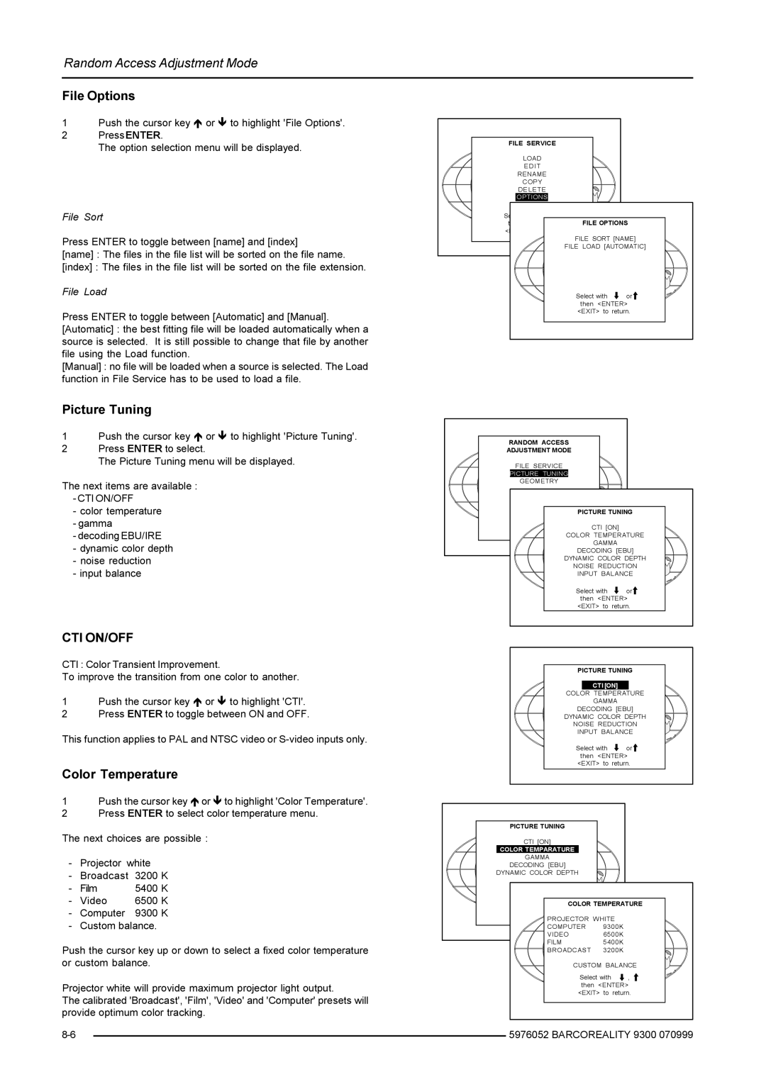 Barco R9001560 manual File Options, Picture Tuning, Color Temperature, File Sort, File Load 