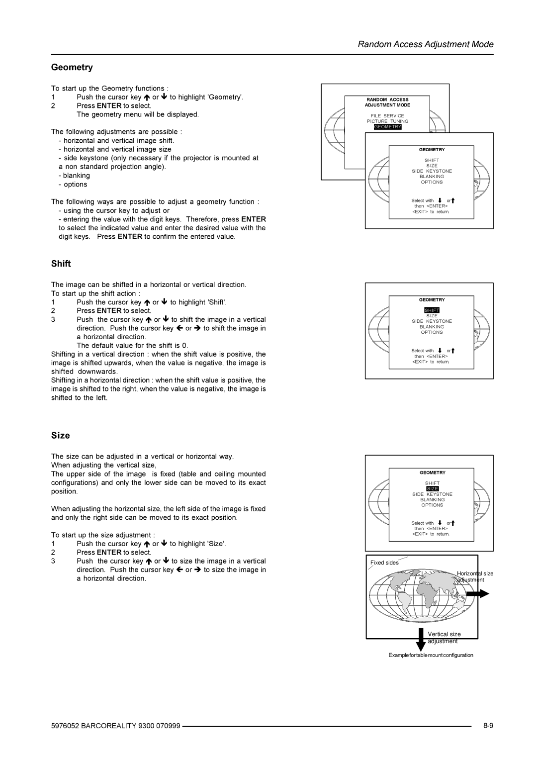 Barco R9001560 manual Geometry, Shift, Size 