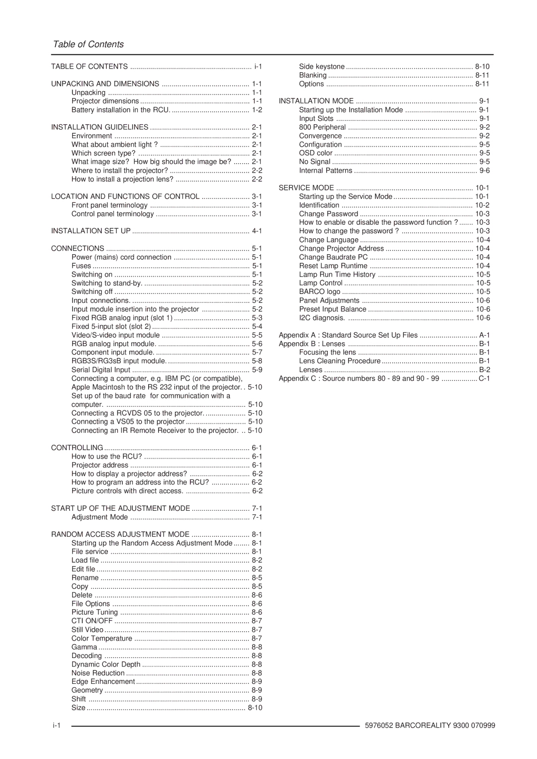 Barco R9001560 manual Table of Contents 