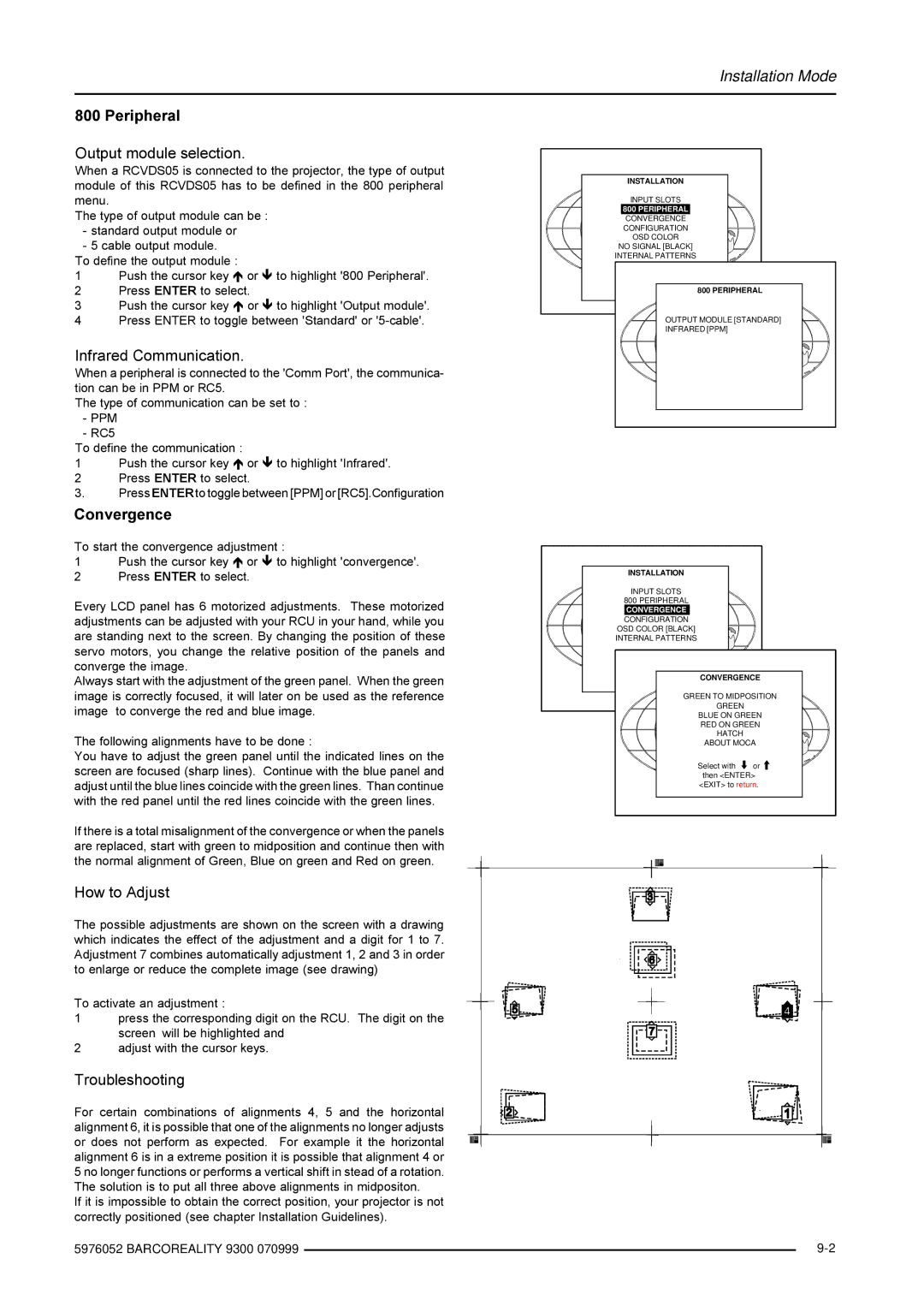 Barco R9001560 Peripheral Output module selection, Infrared Communication, Convergence, How to Adjust, Troubleshooting 