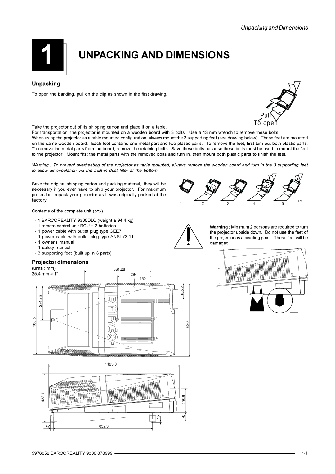 Barco R9001560 manual Unpacking and Dimensions, Projector dimensions 