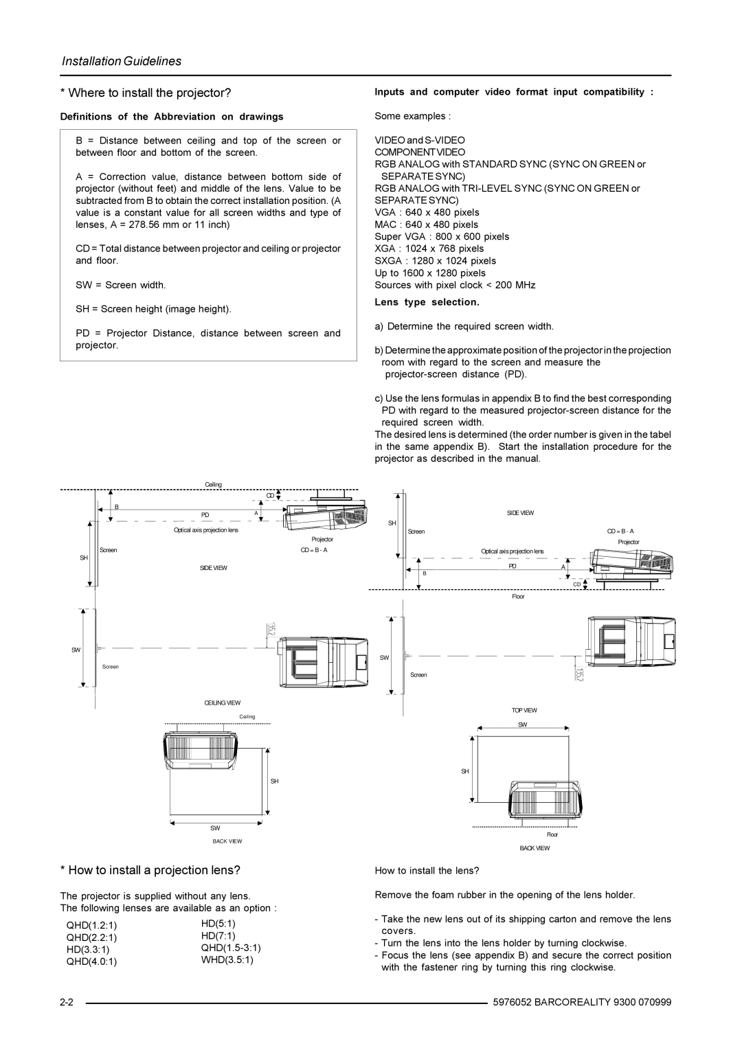 Barco R9001560 manual Where to install the projector?, How to install a projection lens?, Componentvideo, Separate Sync 