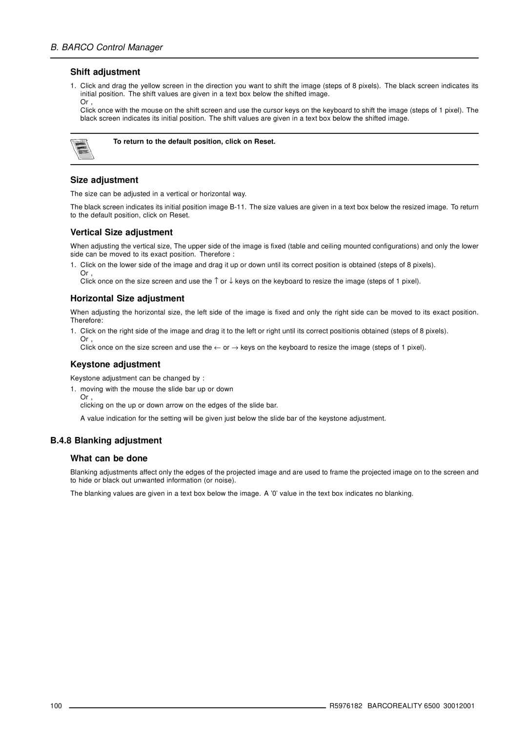 Barco R9001960 owner manual Shift adjustment, Vertical Size adjustment, Horizontal Size adjustment, Keystone adjustment 