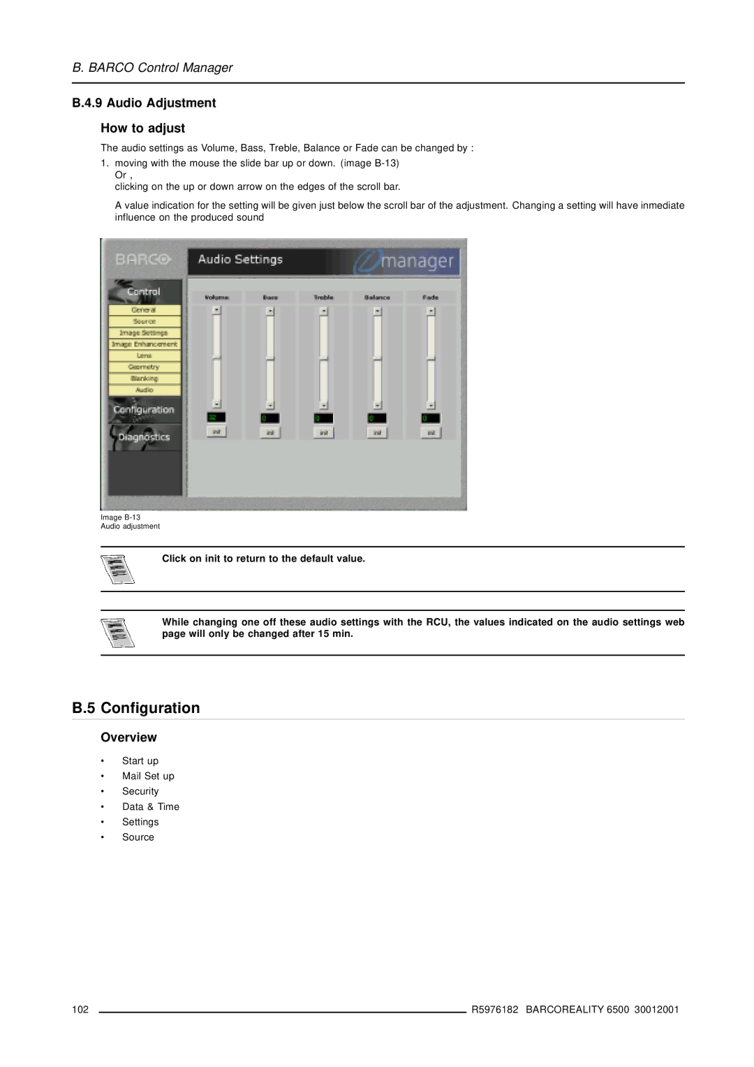 Barco R9001960 owner manual Configuration, Audio Adjustment How to adjust 