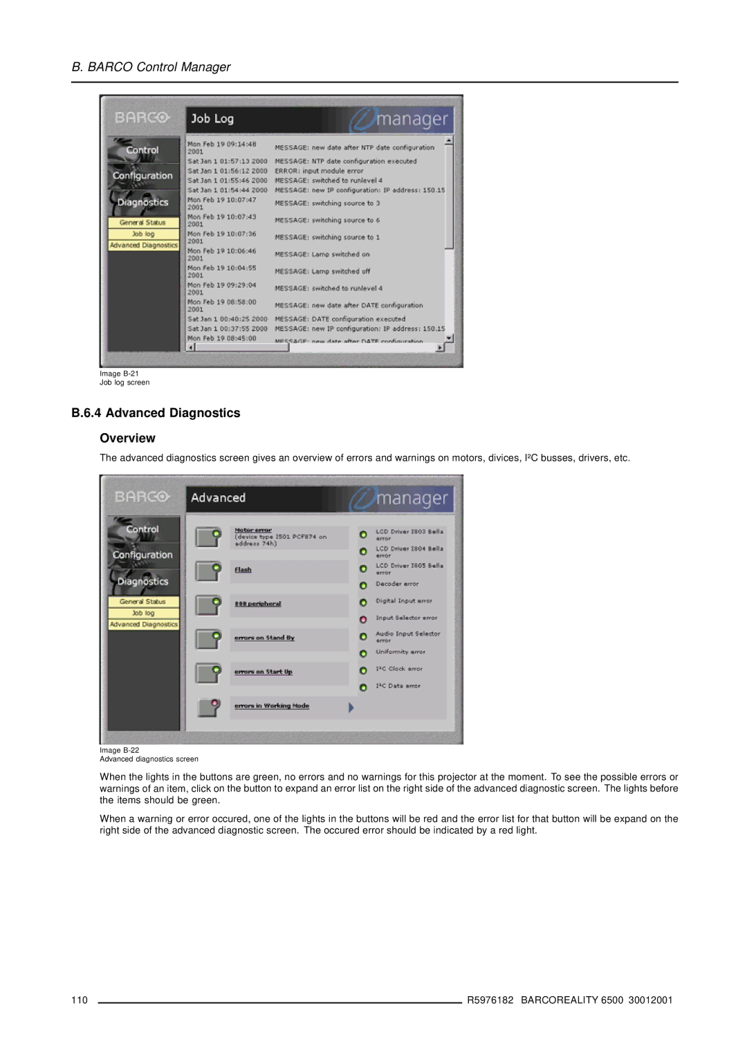 Barco R9001960 owner manual Advanced Diagnostics Overview 