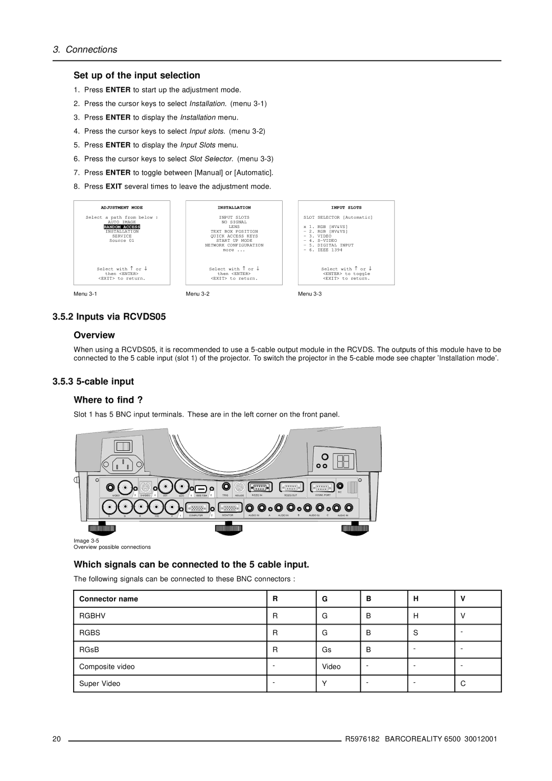 Barco R9001960 Set up of the input selection, Inputs via RCVDS05 Overview, 3 5-cable input Where to find ?, Rgbhv Rgbs 