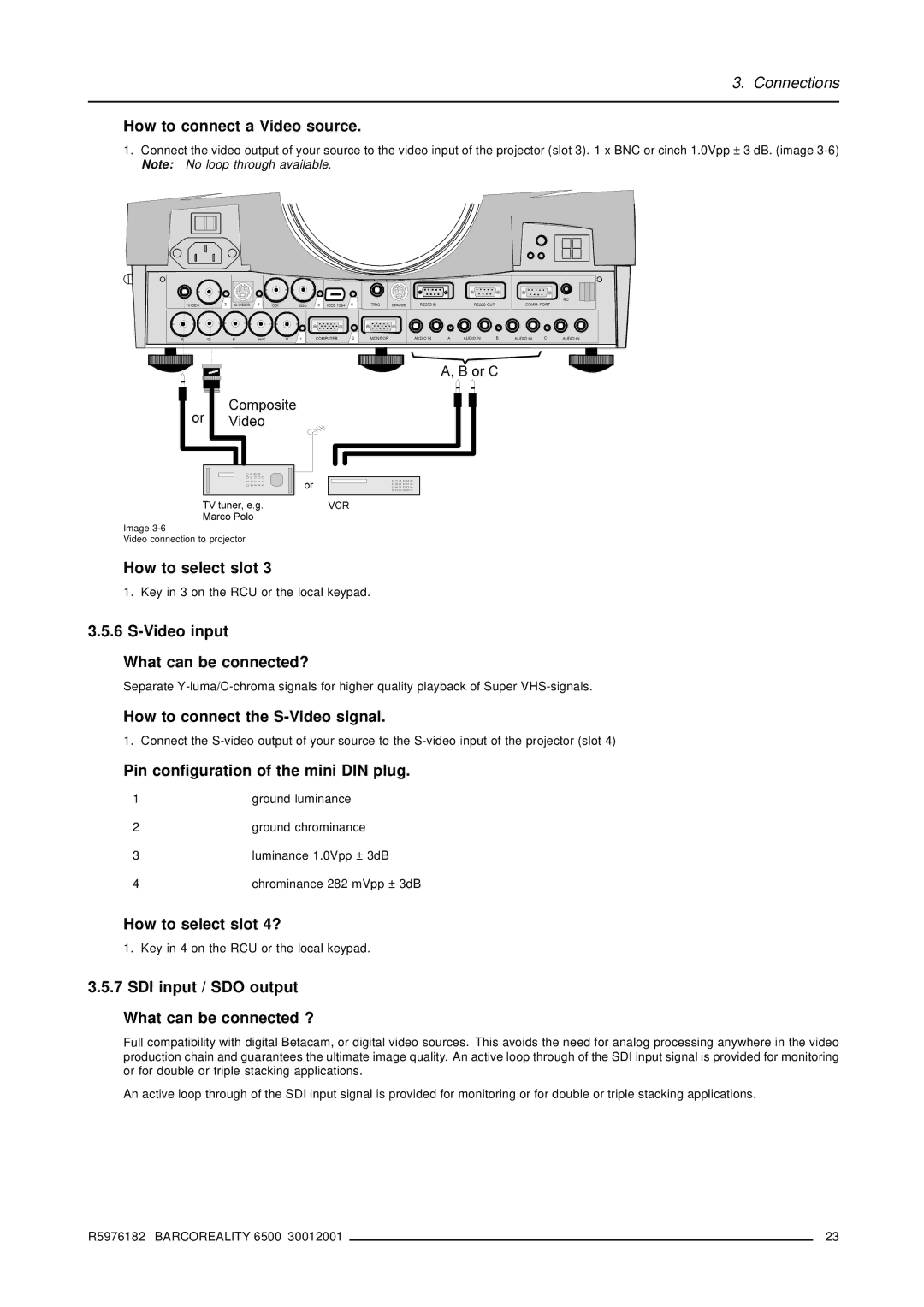 Barco R9001960 How to connect a Video source, Video input What can be connected?, How to connect the S-Video signal 