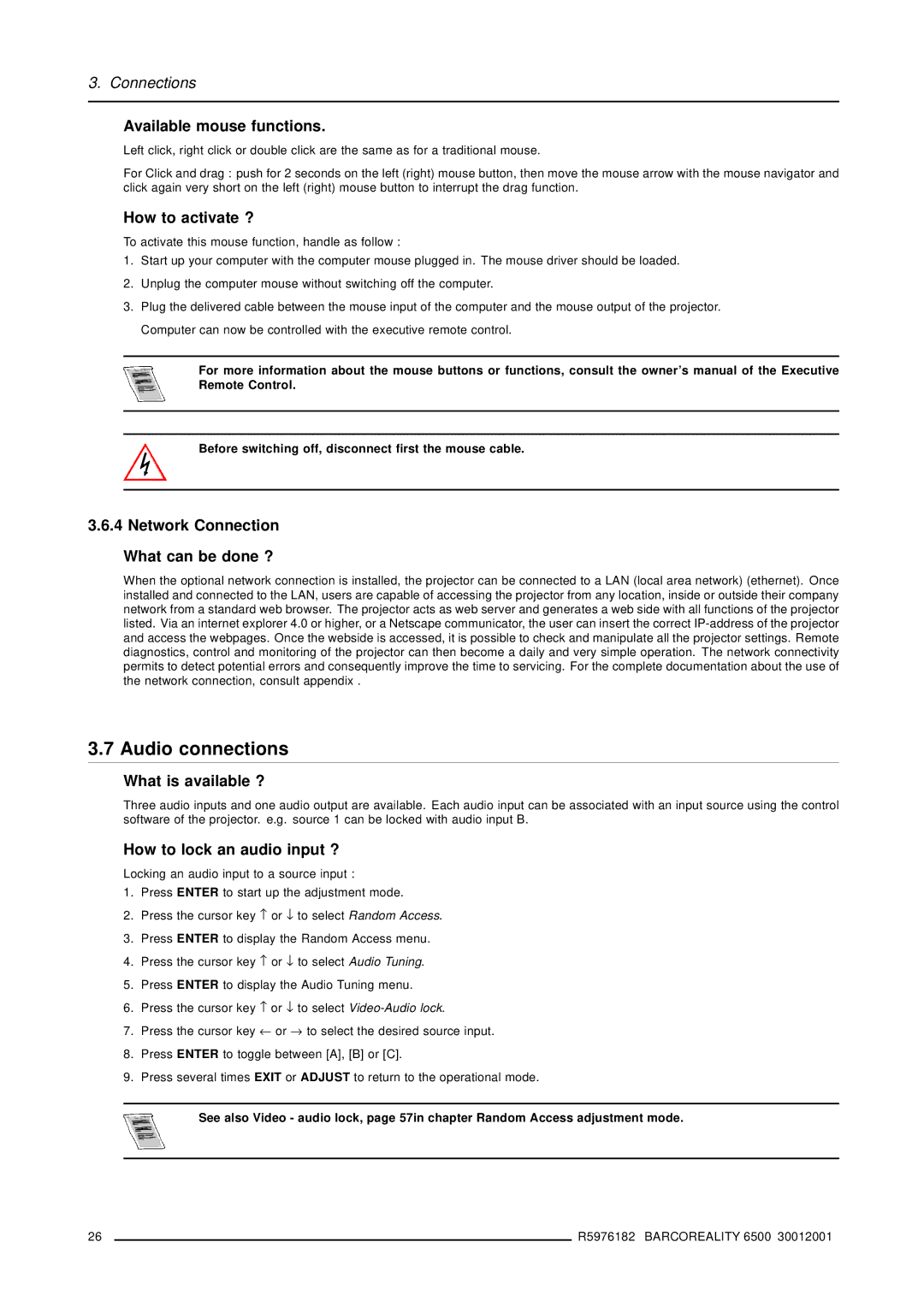 Barco R9001960 owner manual Audio connections 