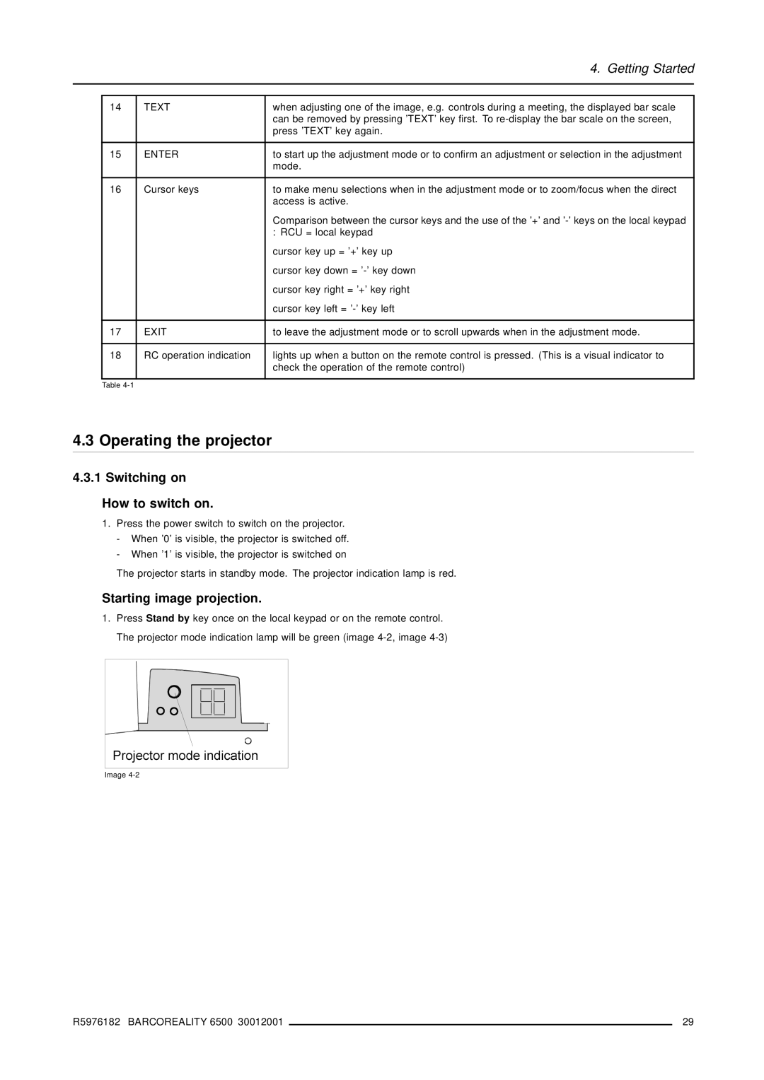 Barco R9001960 owner manual Operating the projector, Switching on How to switch on, Text, Enter, Exit 