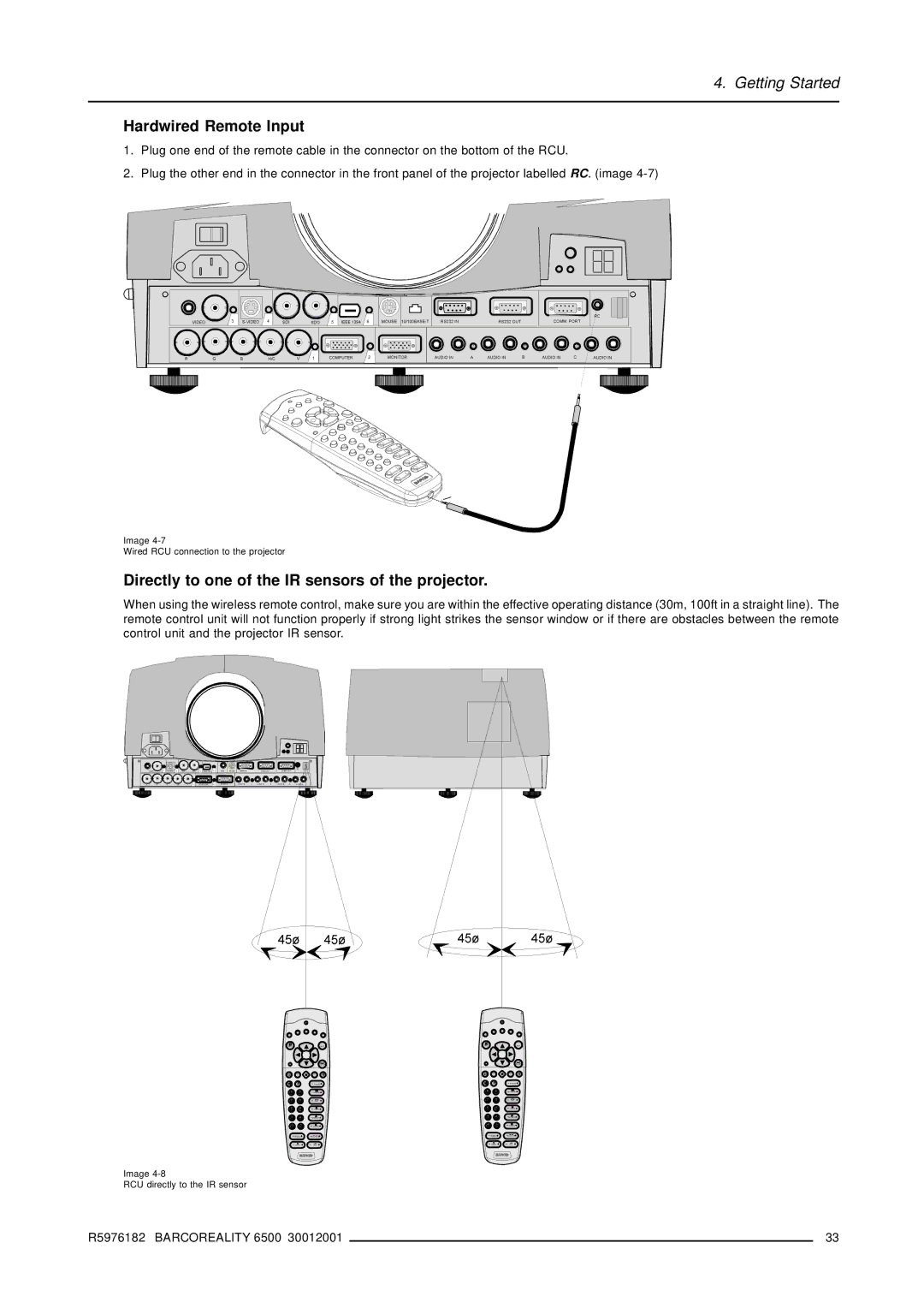 Barco R9001960 owner manual Hardwired Remote Input, Directly to one of the IR sensors of the projector 