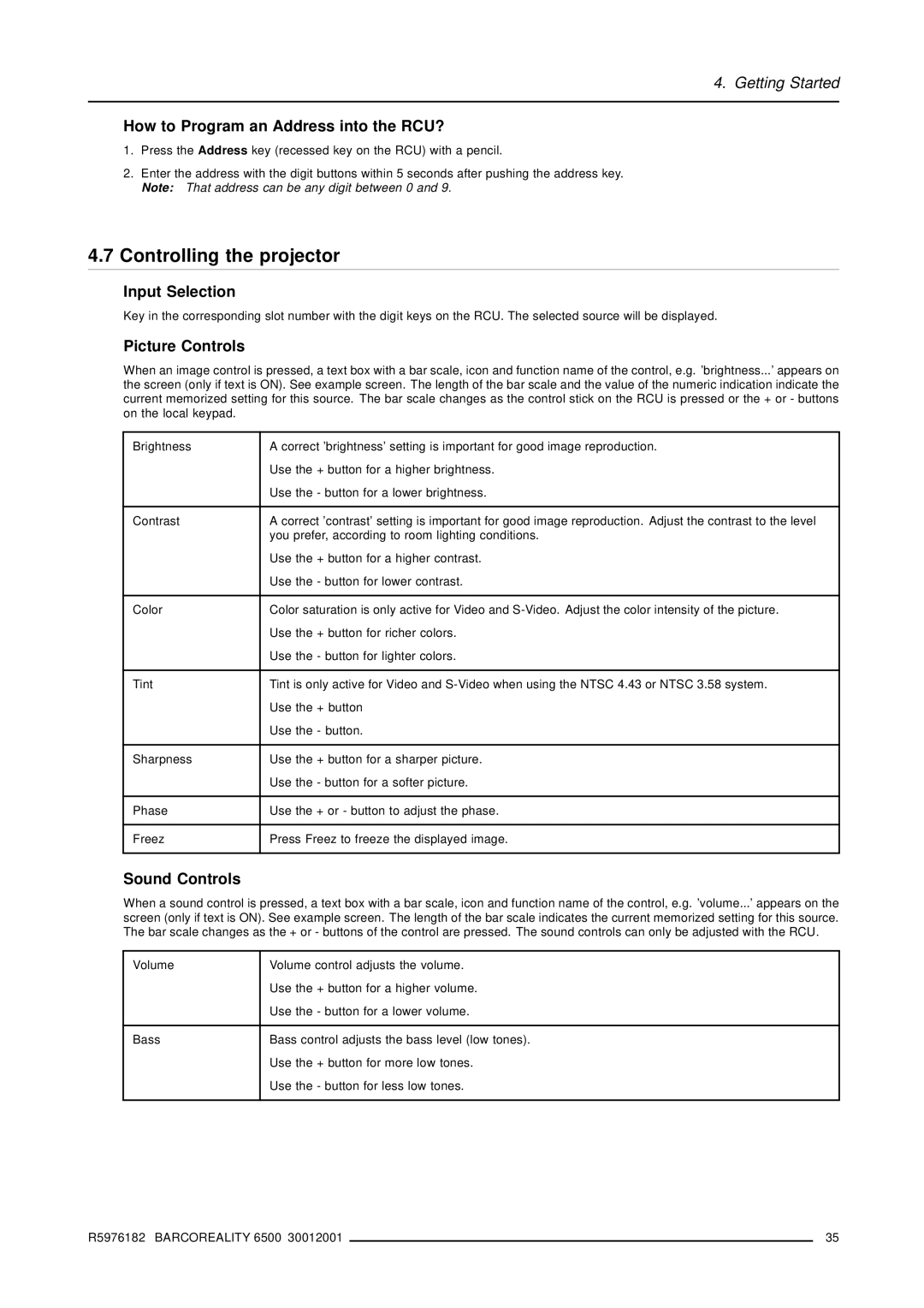 Barco R9001960 Controlling the projector, How to Program an Address into the RCU?, Picture Controls, Sound Controls 