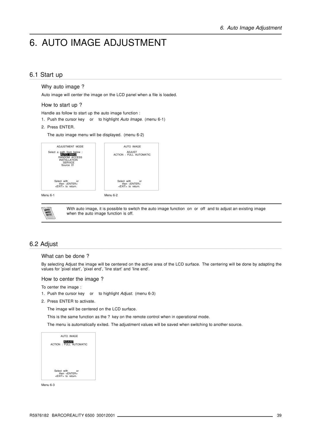 Barco R9001960 owner manual Auto Image Adjustment, Start up 