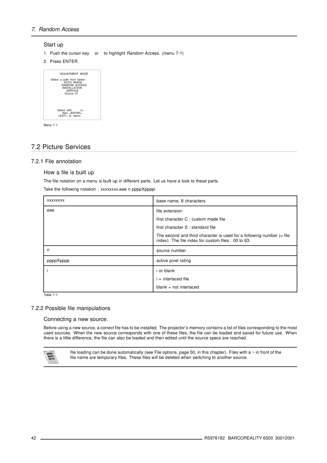 Barco R9001960 owner manual Picture Services, Start up, File annotation How a file is built up 