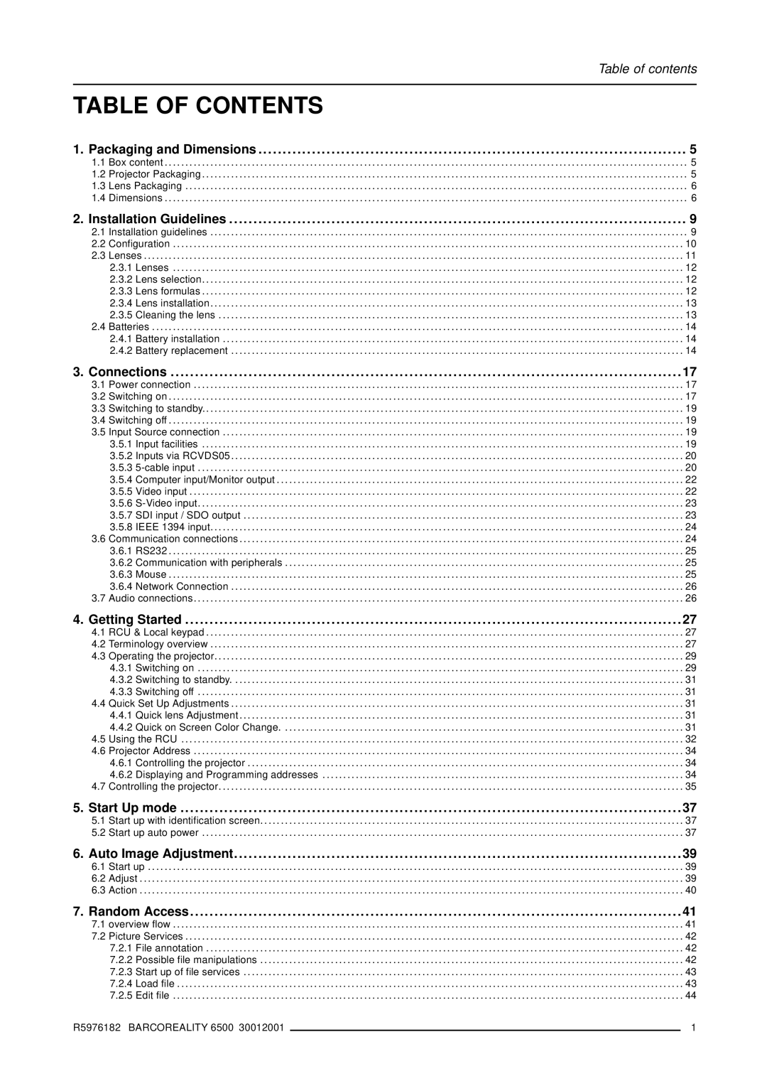 Barco R9001960 owner manual Table of Contents 