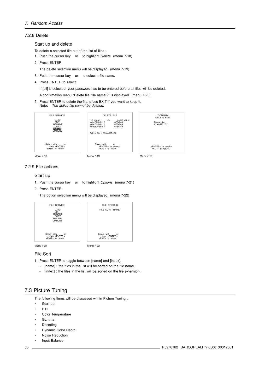 Barco R9001960 owner manual Picture Tuning, Delete Start up and delete, File options Start up, File Sort, Cti 