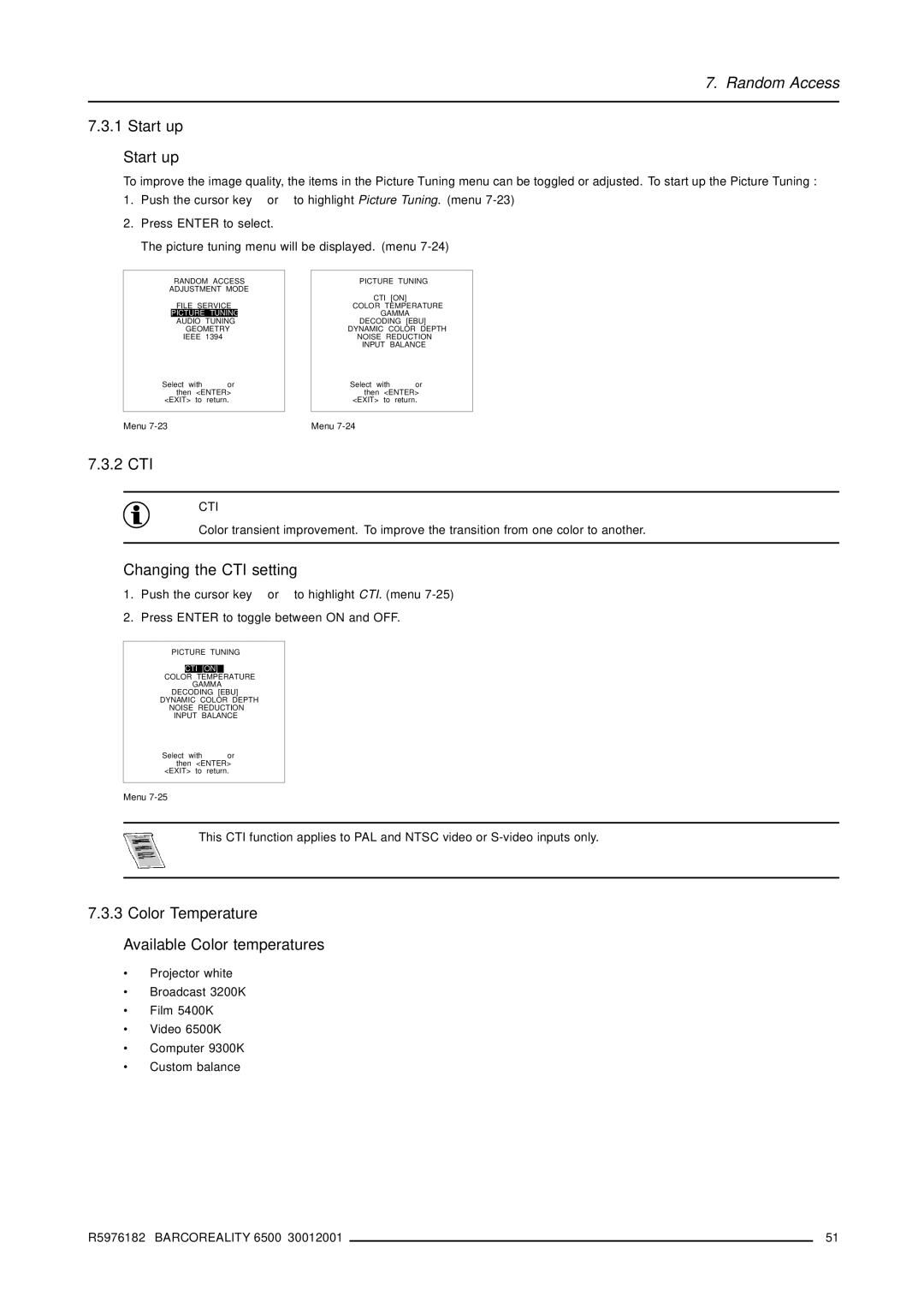 Barco R9001960 Start up Start up, 2 CTI, Changing the CTI setting, Color Temperature Available Color temperatures 