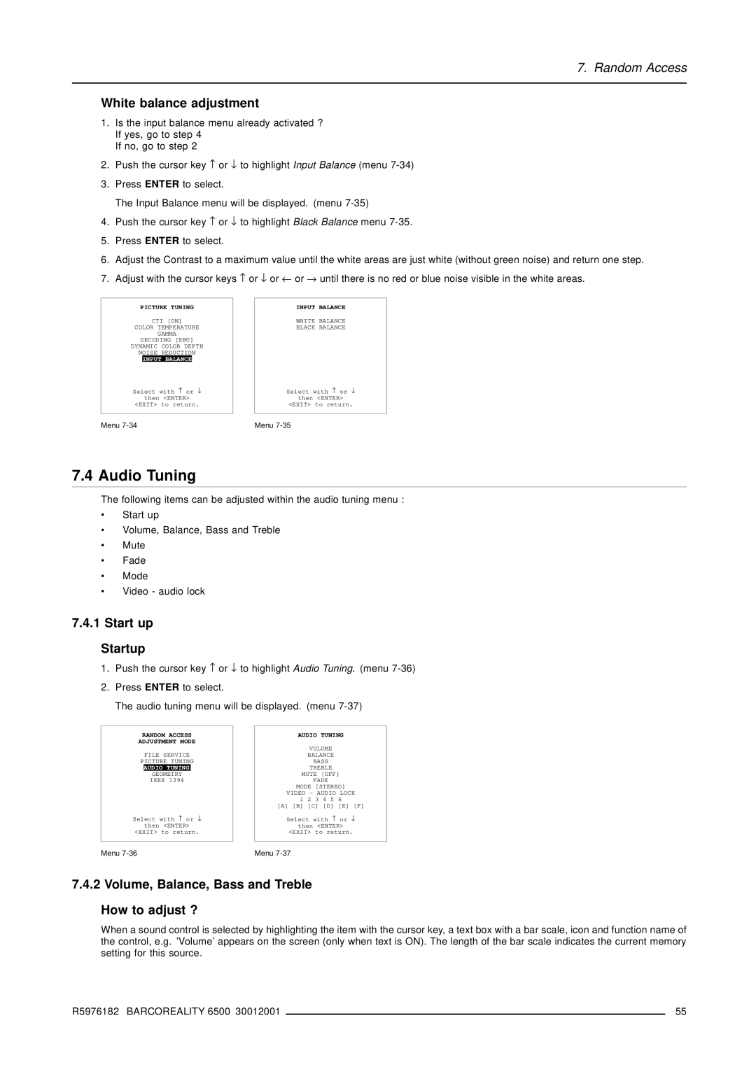 Barco R9001960 Audio Tuning, White balance adjustment, Start up Startup, Volume, Balance, Bass and Treble How to adjust ? 