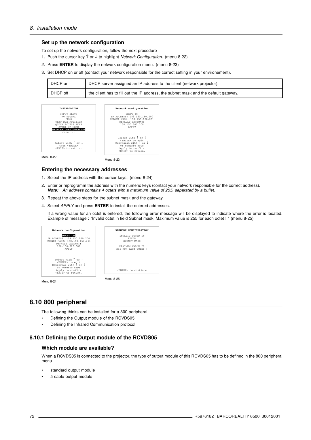 Barco R9001960 owner manual 10 800 peripheral, Set up the network configuration, Entering the necessary addresses, Dhcp on 