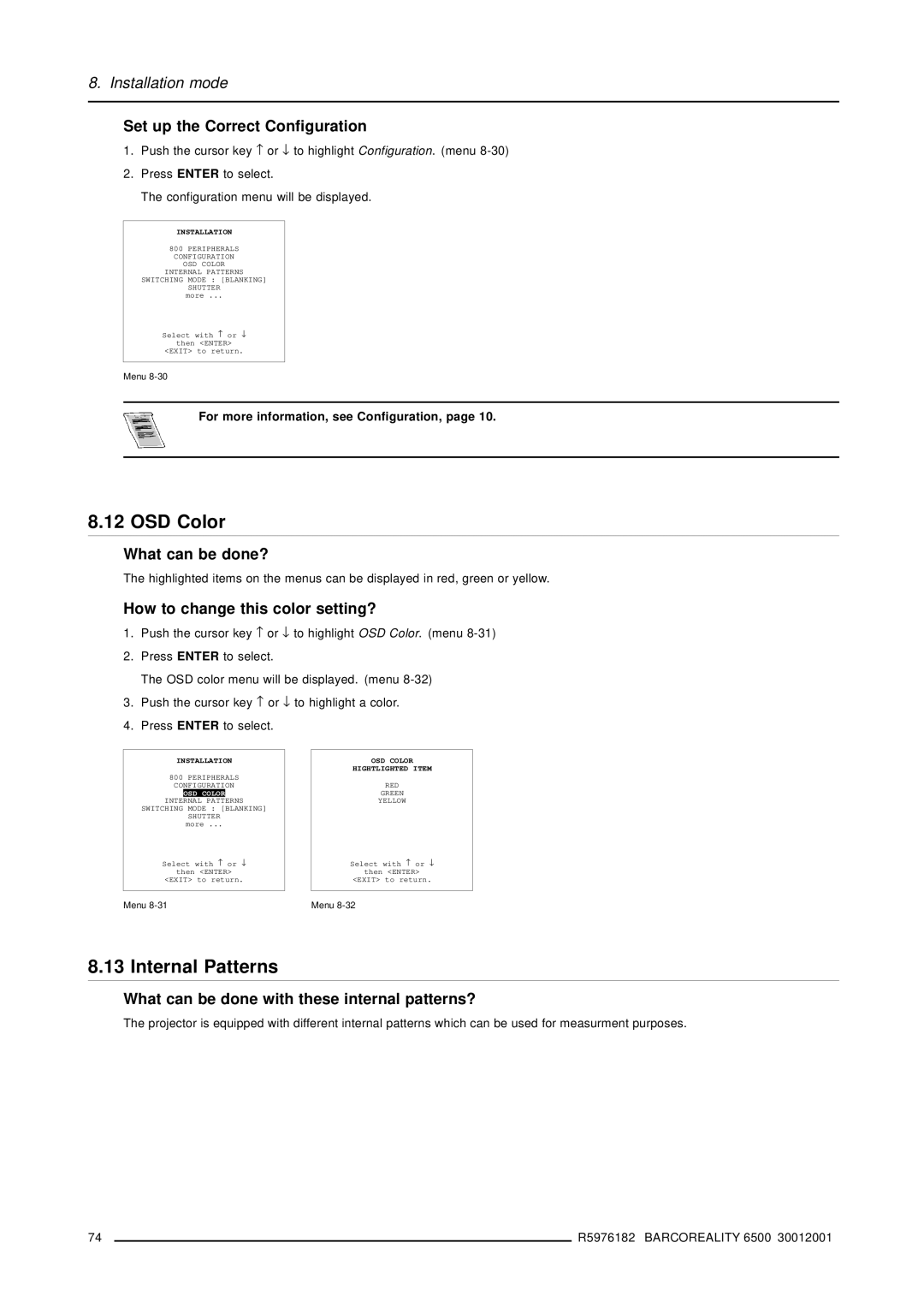 Barco R9001960 OSD Color, Internal Patterns, Set up the Correct Configuration, How to change this color setting? 