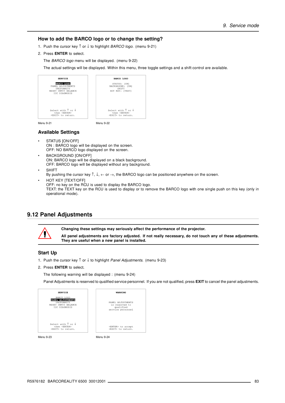 Barco R9001960 owner manual Panel Adjustments, How to add the Barco logo or to change the setting?, Available Settings 