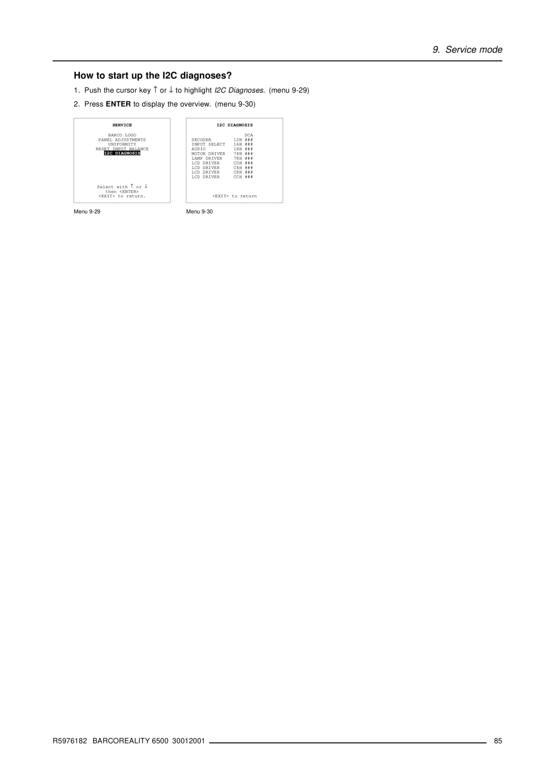 Barco R9001960 owner manual How to start up the I2C diagnoses?, I2C Diagnosis 