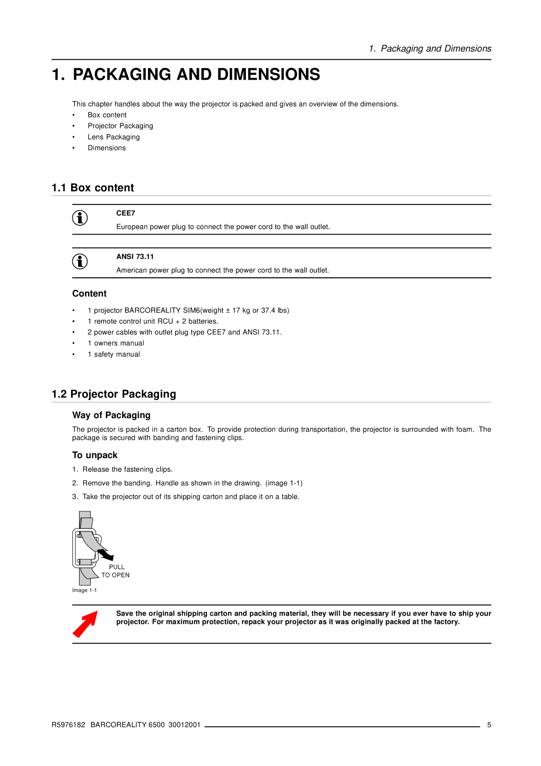 Barco R9001960 owner manual Packaging and Dimensions, Box content, Projector Packaging 