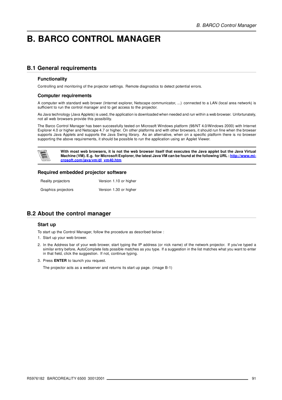 Barco R9001960 owner manual Barco Control Manager, General requirements, About the control manager 