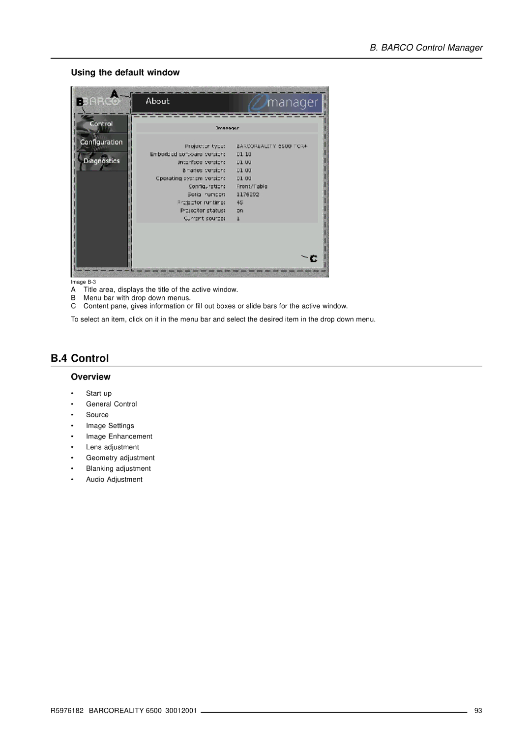 Barco R9001960 owner manual Control, Using the default window 