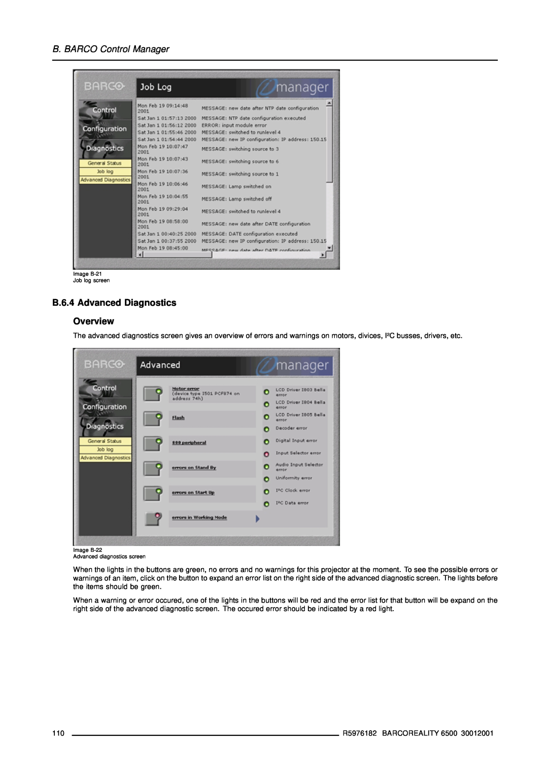 Barco R9001960 owner manual B.6.4 Advanced Diagnostics Overview, B. BARCO Control Manager, Image B-21 Job log screen 