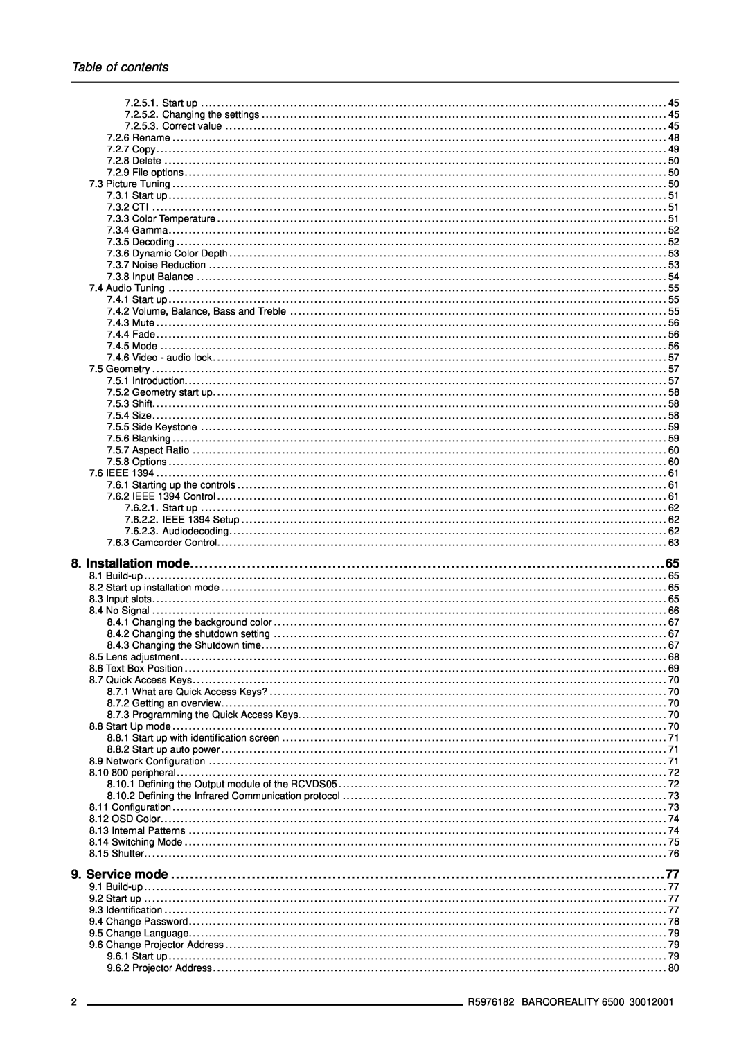 Barco R9001960 owner manual Service mode, Table of contents 