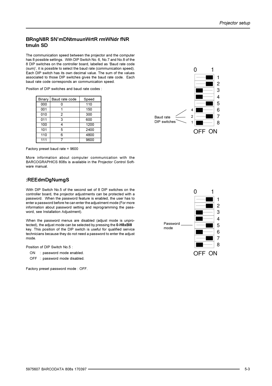 Barco R9002031, R9002038 installation manual Baud Rate for communication with a computer, Password mode 