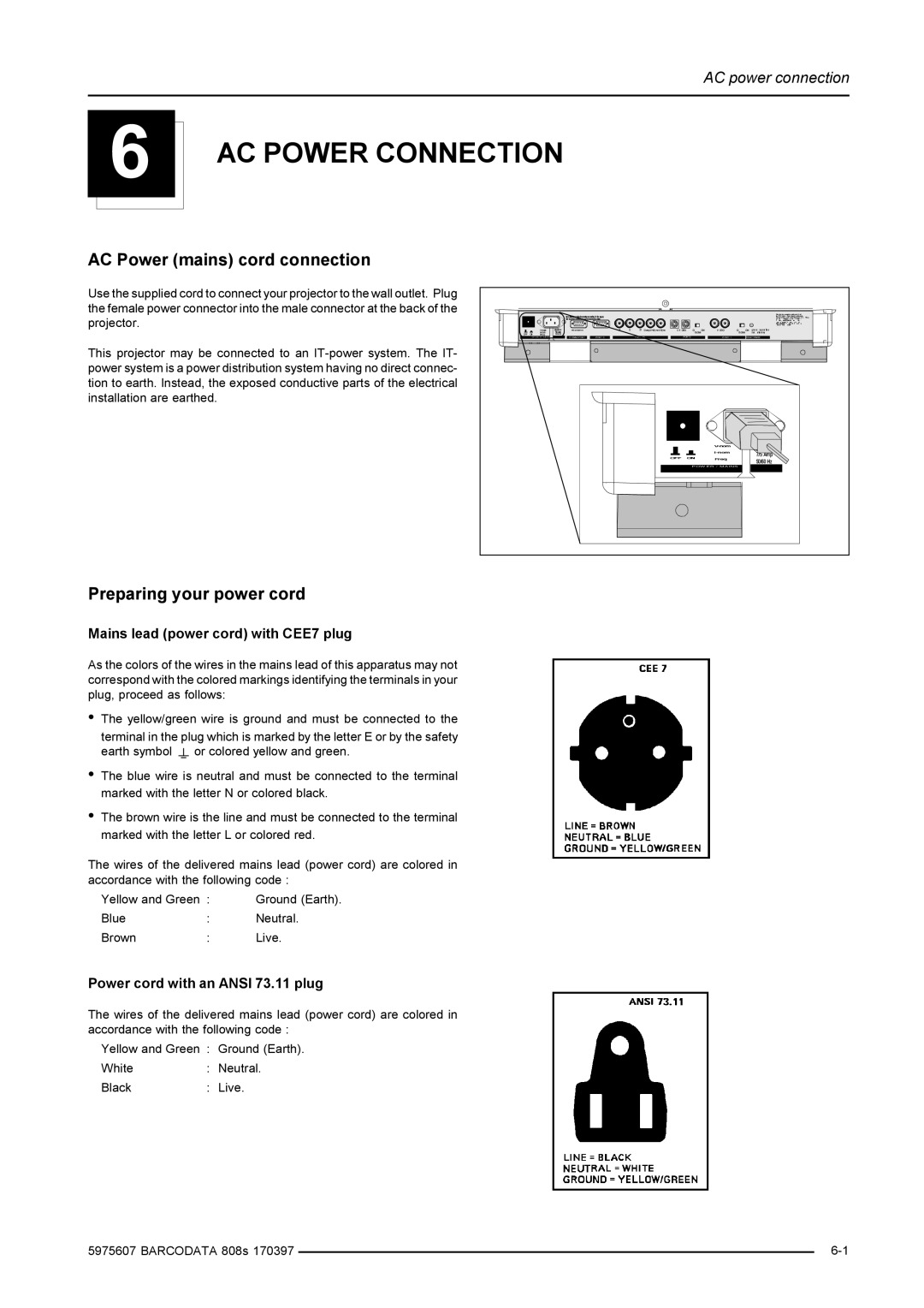 Barco R9002031, R9002038 installation manual AC Power Connection, AC Power mains cord connection, Preparing your power cord 