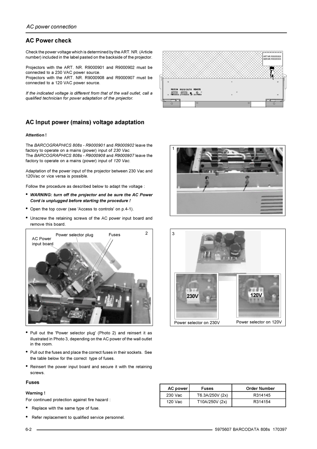 Barco R9002038, R9002031 installation manual AC Power check, AC Input power mains voltage adaptation, Fuses 