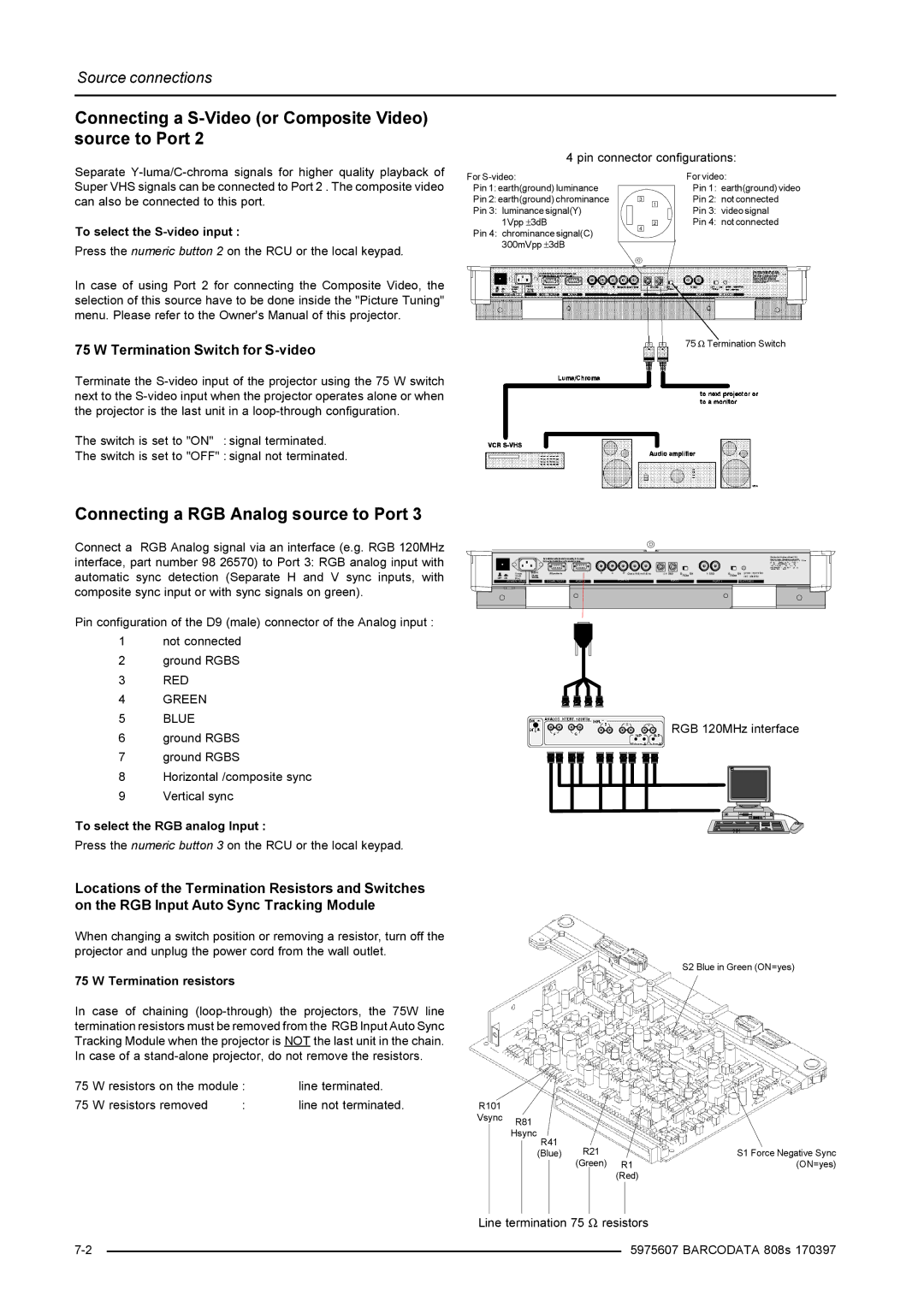 Barco R9002038, R9002031 Connecting a S-Video or Composite Video source to Port, Connecting a RGB Analog source to Port 