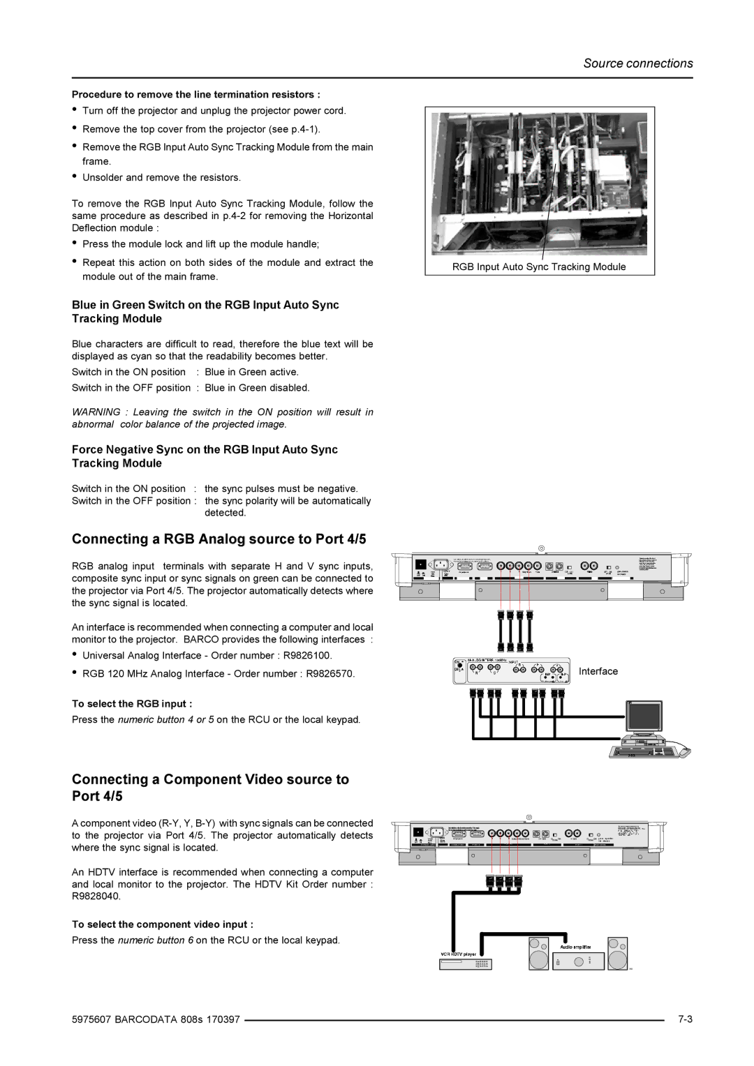 Barco R9002031, R9002038 Connecting a RGB Analog source to Port 4/5, Connecting a Component Video source to Port 4/5 