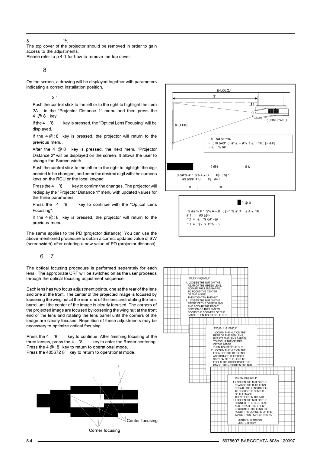 Barco R9002038, R9002031 installation manual Projector Distance, Optical Lens Focusing 