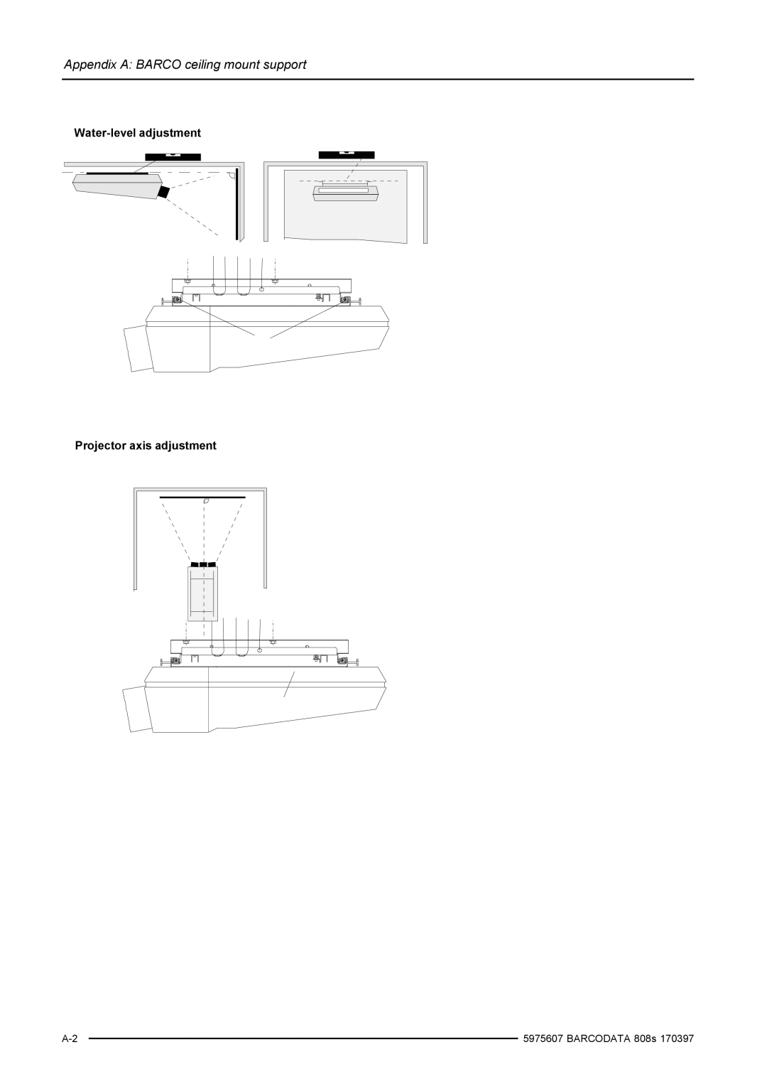 Barco R9002038, R9002031 Projector position corrections, Water-level adjustment Projector axis adjustment 