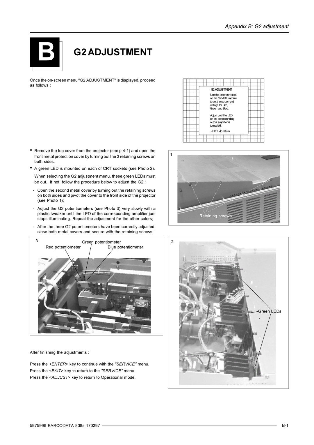 Barco R9002031, R9002038 installation manual $-867017, G2 Adjustment 