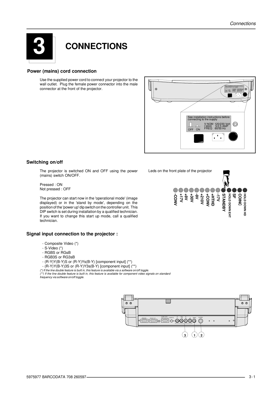 Barco R9002120 manual Connections, Power mains cord connection, Switching on/off, Signal input connection to the projector 