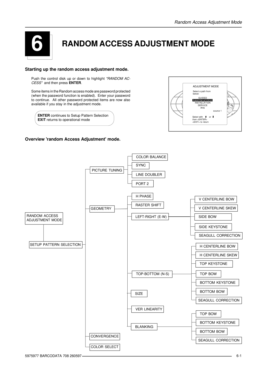 Barco R9002120 manual Starting up the random access adjustment mode, Overview random Access Adjustment mode 