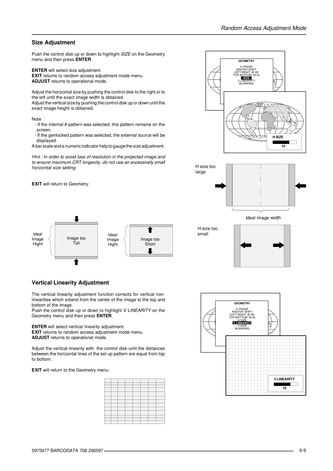 Barco R9002120 manual Size Adjustment, Vertical Linearity Adjustment 