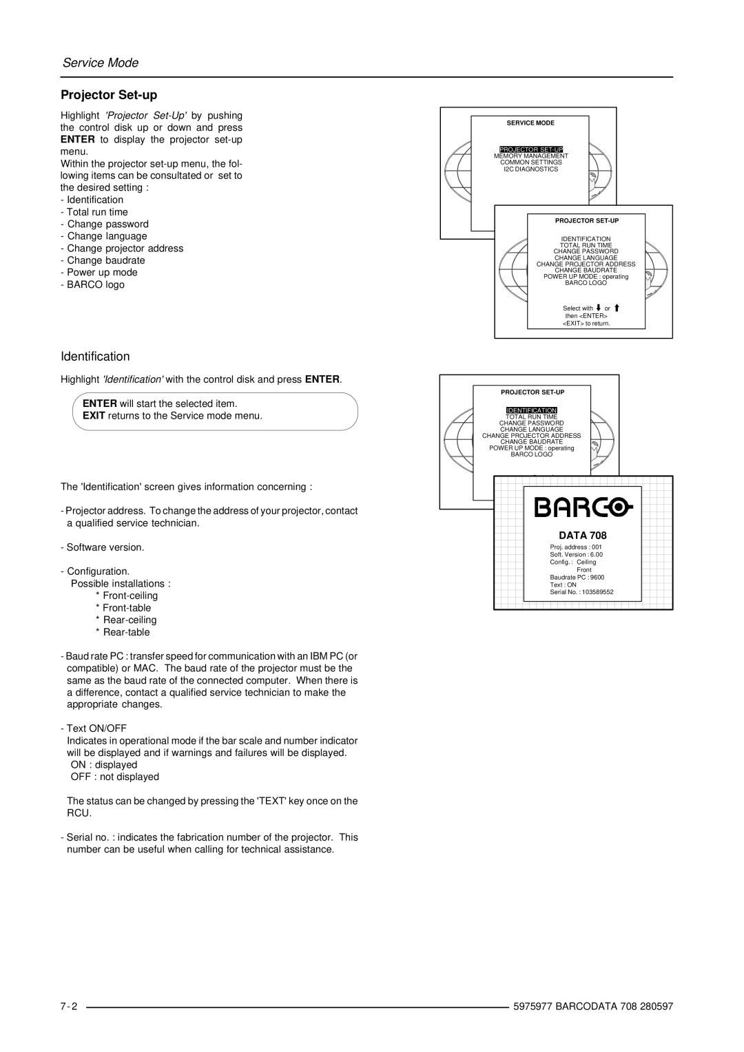 Barco R9002120 manual Projector Set-up, Identification, Data 