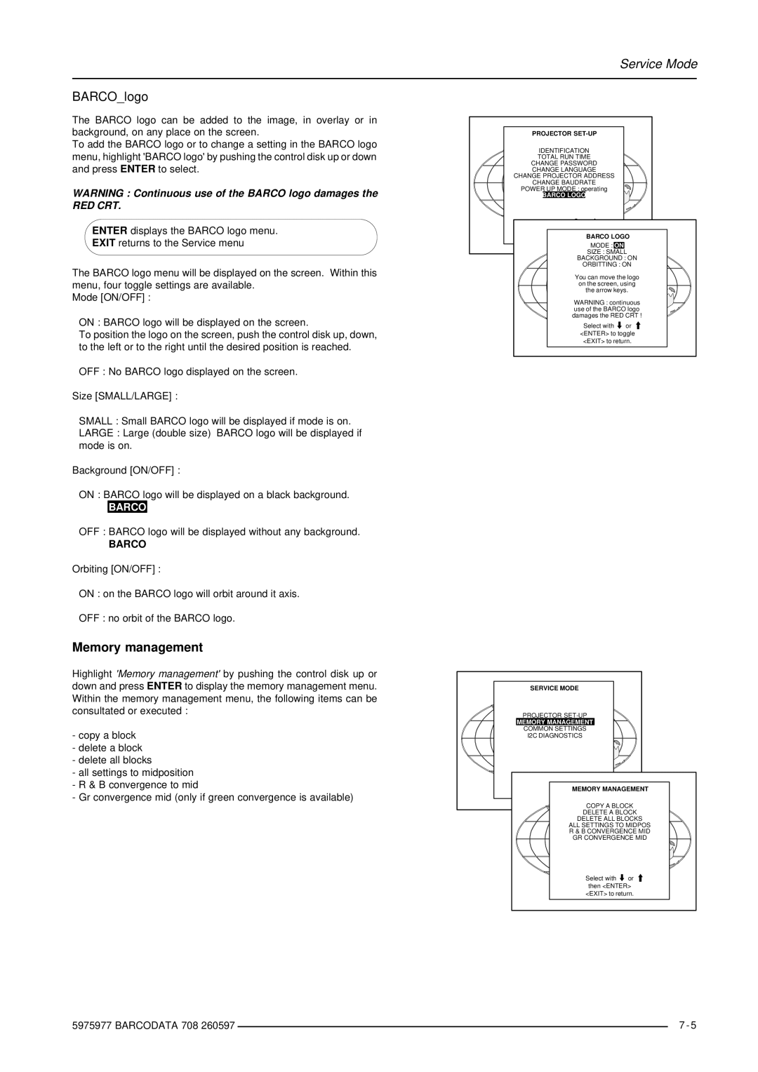 Barco R9002120 manual BARCOlogo, Memory management, Barco Logo, Memory Management 