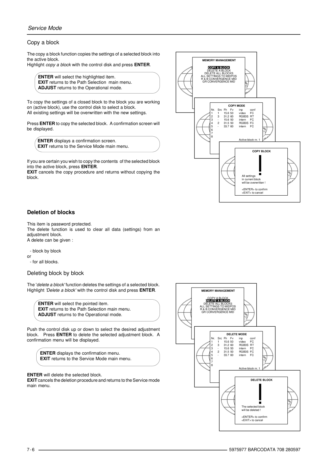 Barco R9002120 manual Copy a block, Deletion of blocks, Deleting block by block 