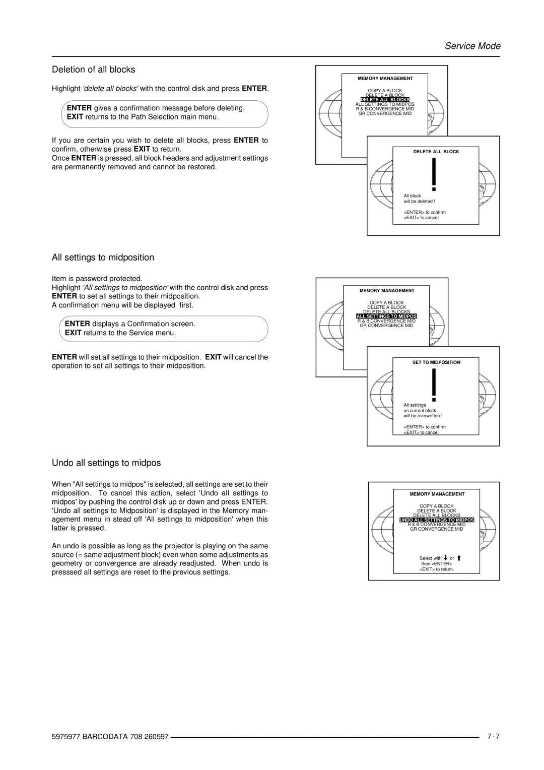 Barco R9002120 Deletion of all blocks, All settings to midposition, Undo all settings to midpos, ALL Settings to Midpos 