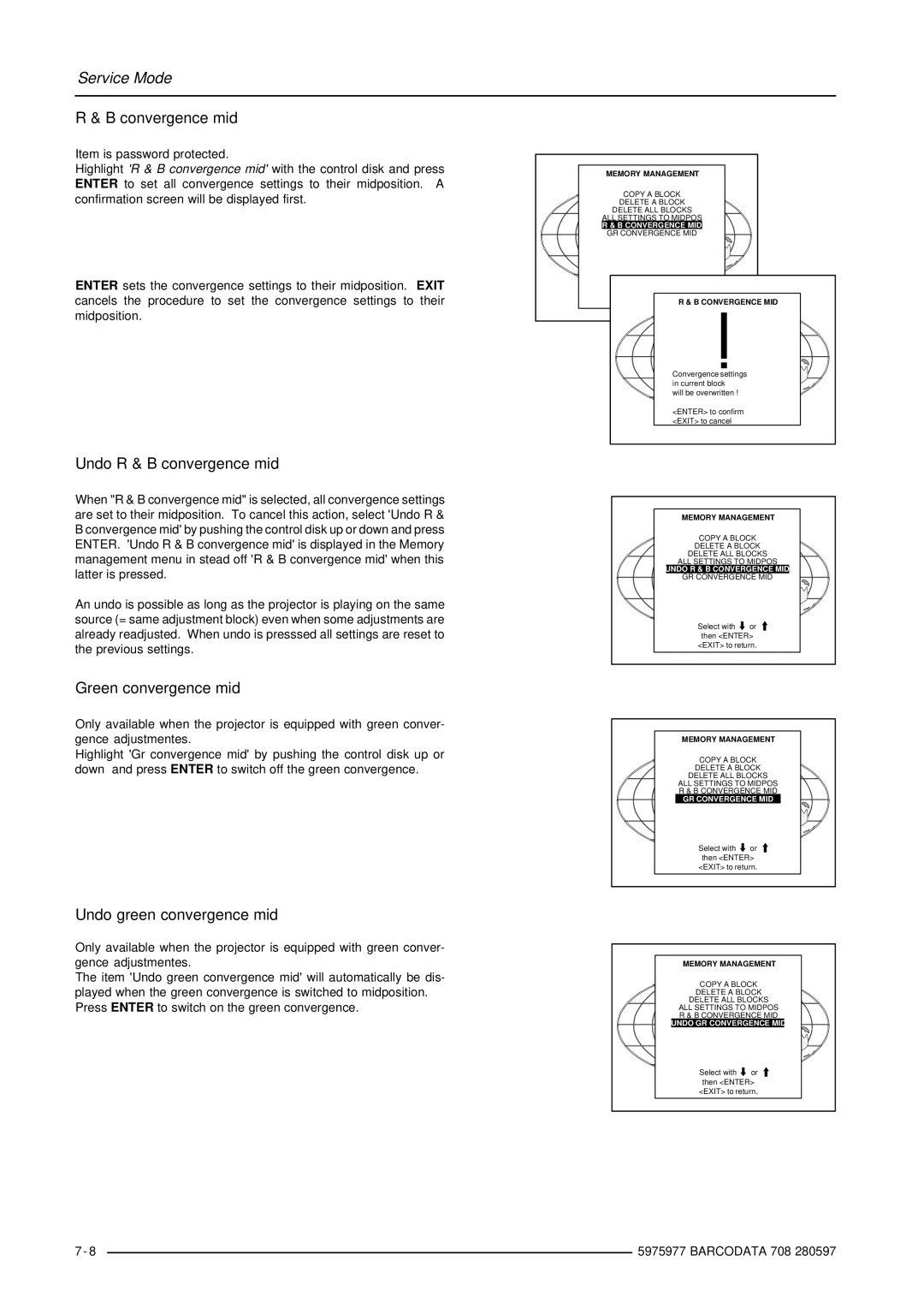 Barco R9002120 manual Convergence mid, Undo R & B convergence mid, Green convergence mid, Undo green convergence mid 