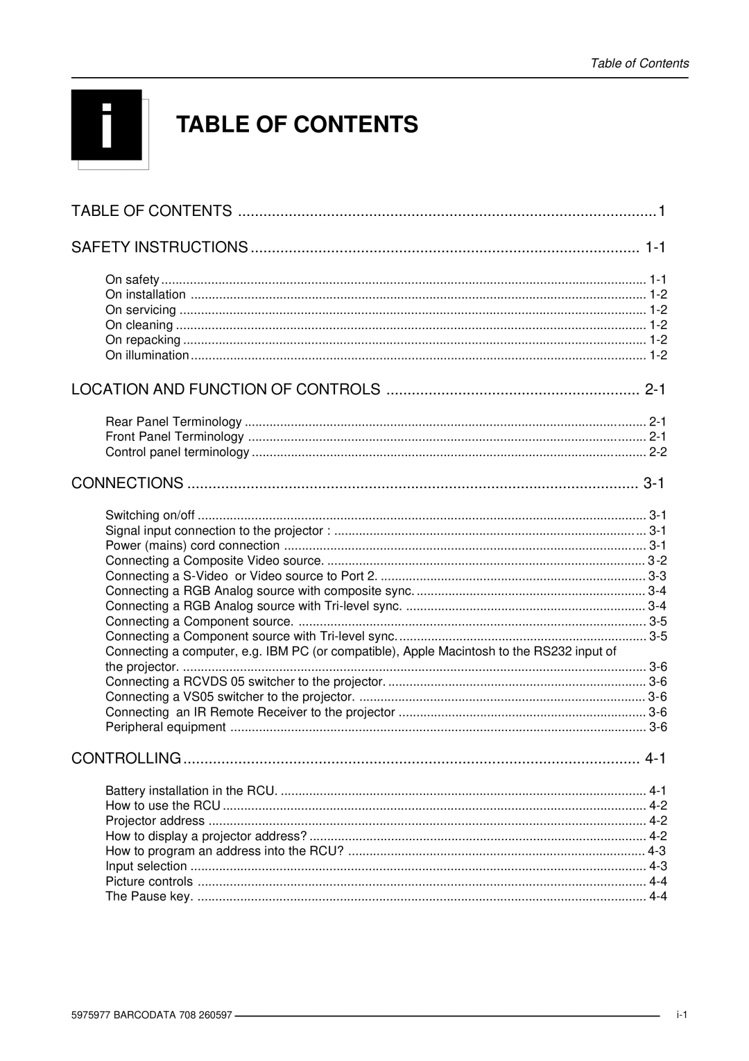 Barco R9002120 manual Table of Contents 