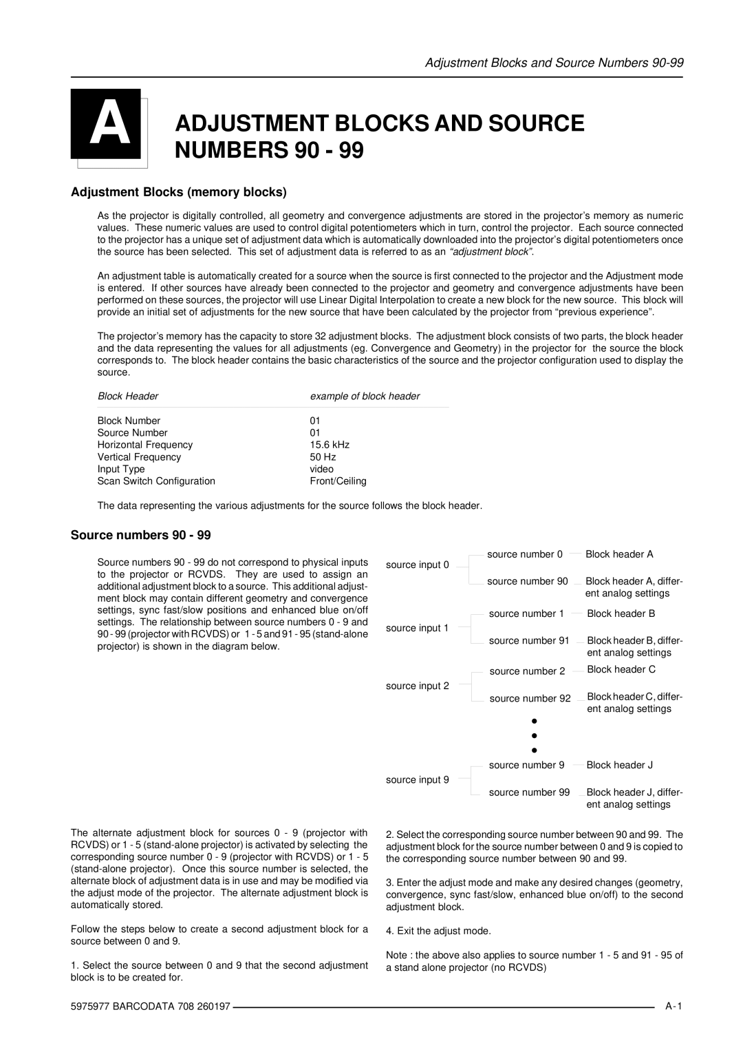 Barco R9002120 manual Adjustment Blocks and Source, Adjustment Blocks memory blocks, Source numbers 90 
