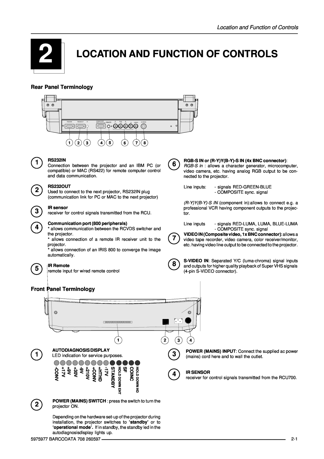 Barco R9002120 Location And Function Of Controls, Location and Function of Controls, Rear Panel Terminology, RS232IN, Conv 