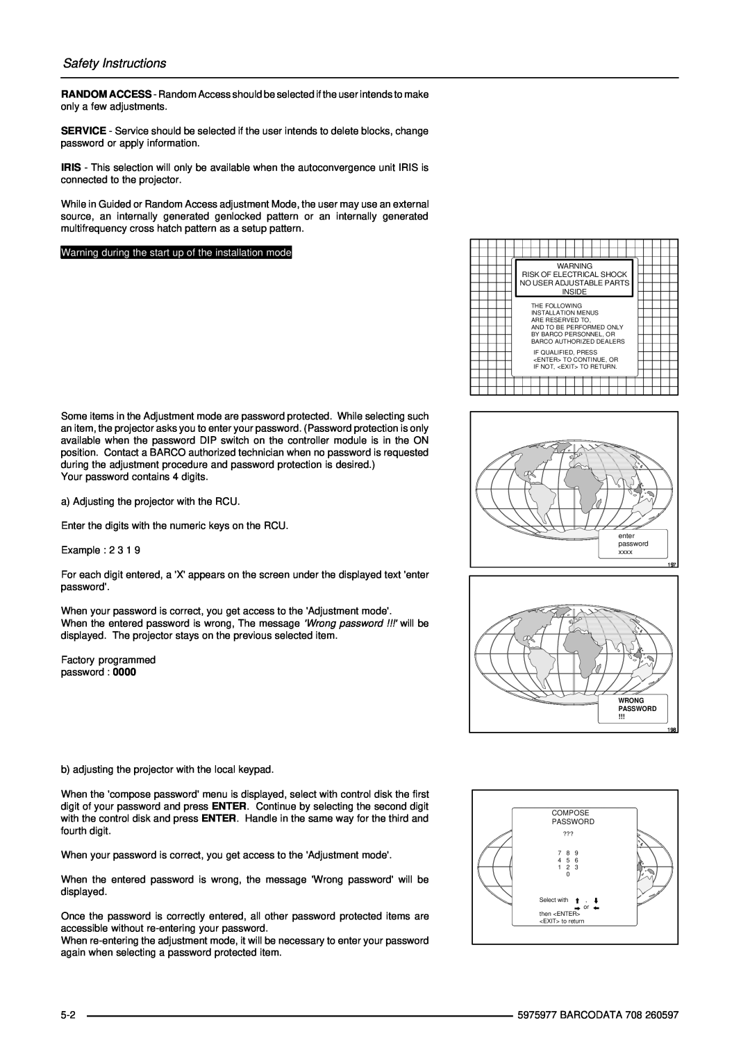 Barco R9002120 manual Safety Instructions, Warning during the start up of the installation mode, Compose, Password 